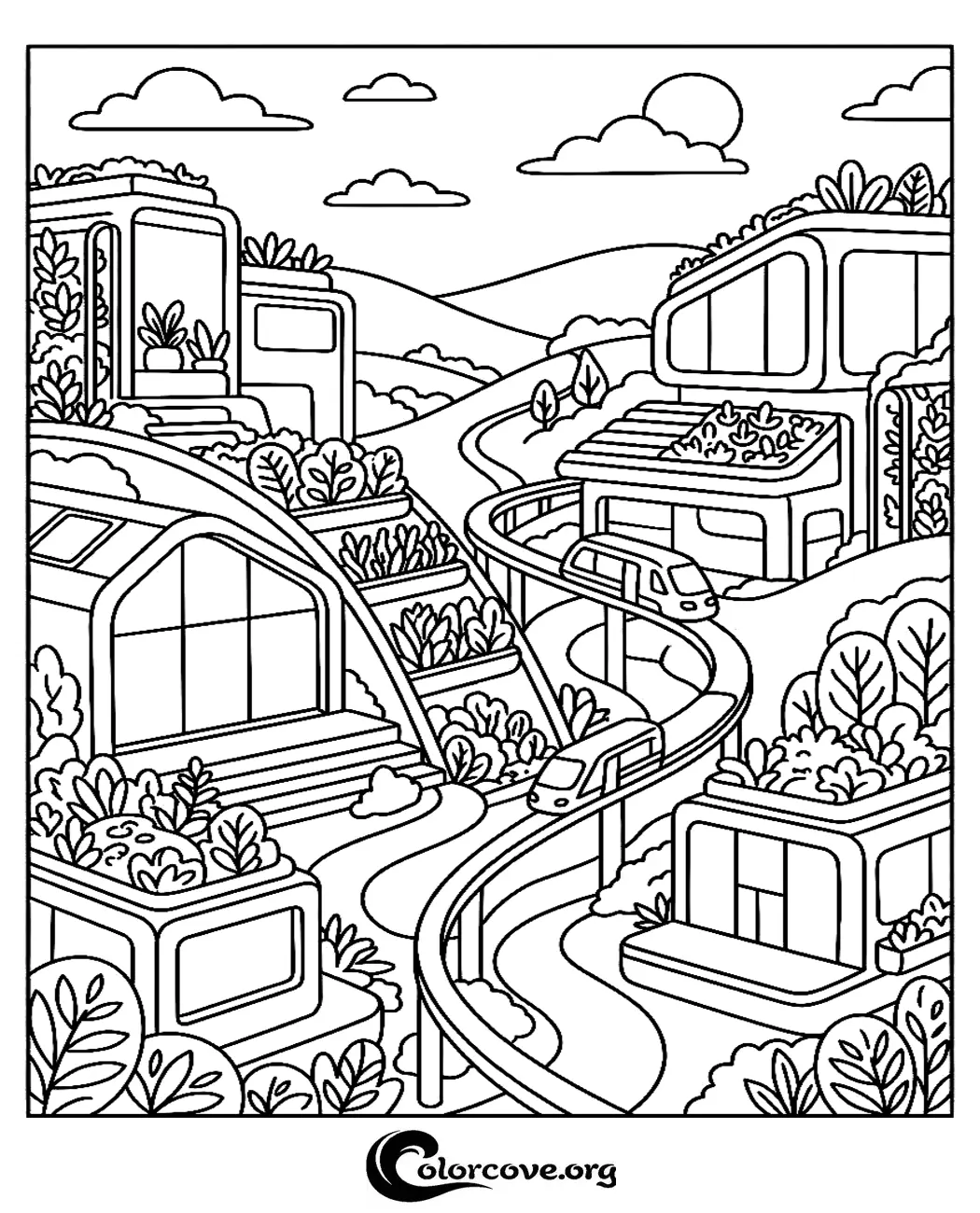 Explore the wonders of tomorrow with this futuristic eco-city coloring page. This printable sheet features sustainable buildings, lush greenery, and a monorail, making it a perfect creative activity for all ages.