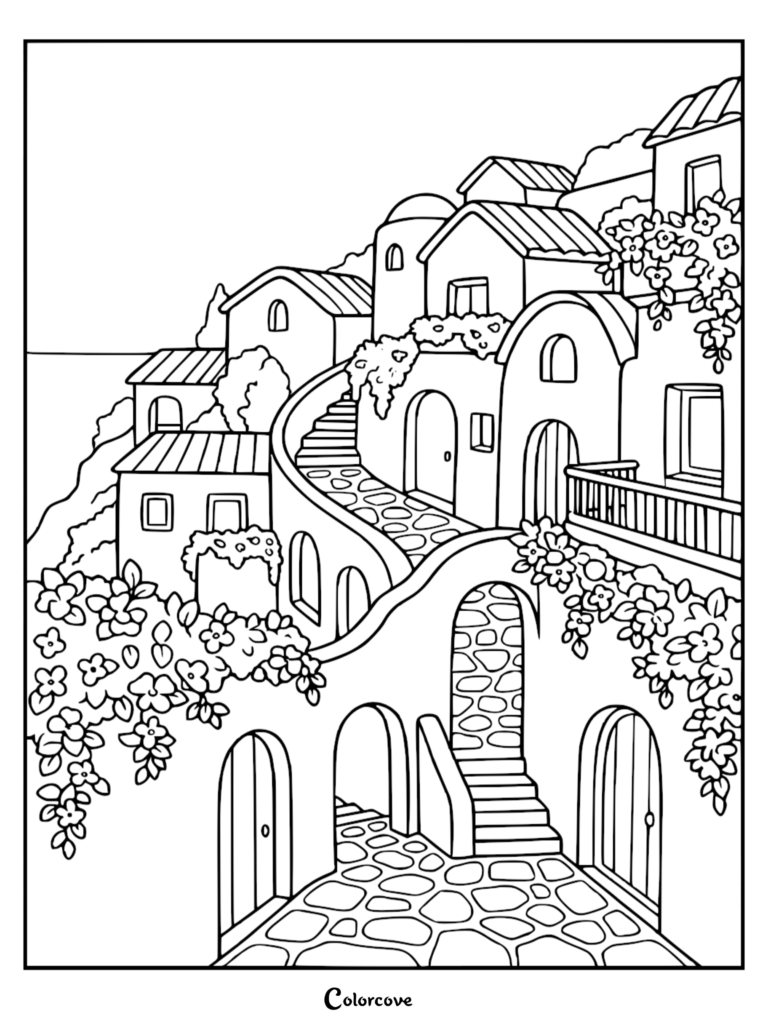 A printable scenic hillside coloring page featuring Mediterranean-style stone houses, winding cobblestone staircases, and blooming floral vines.