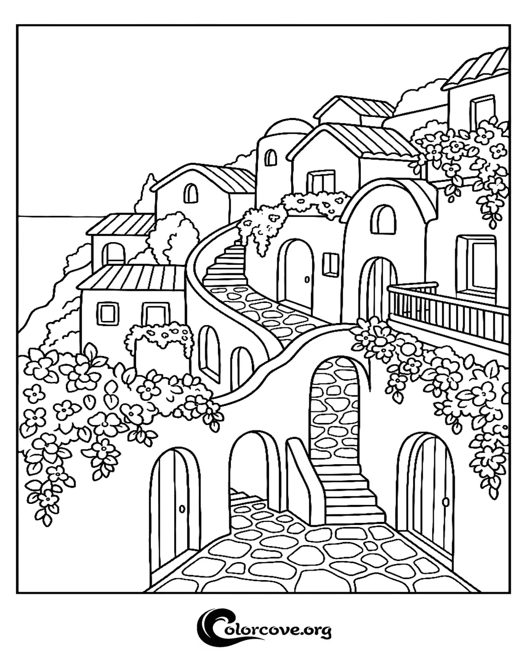 Escape to a beautiful seaside town with this intricate Mediterranean village coloring page. Perfect for relaxation, this printable sheet features charming stone houses, winding staircases, and lovely floral accents.