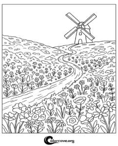 A printable coloring page featuring a scenic country landscape with a traditional windmill and a path winding through a field of spring flowers.