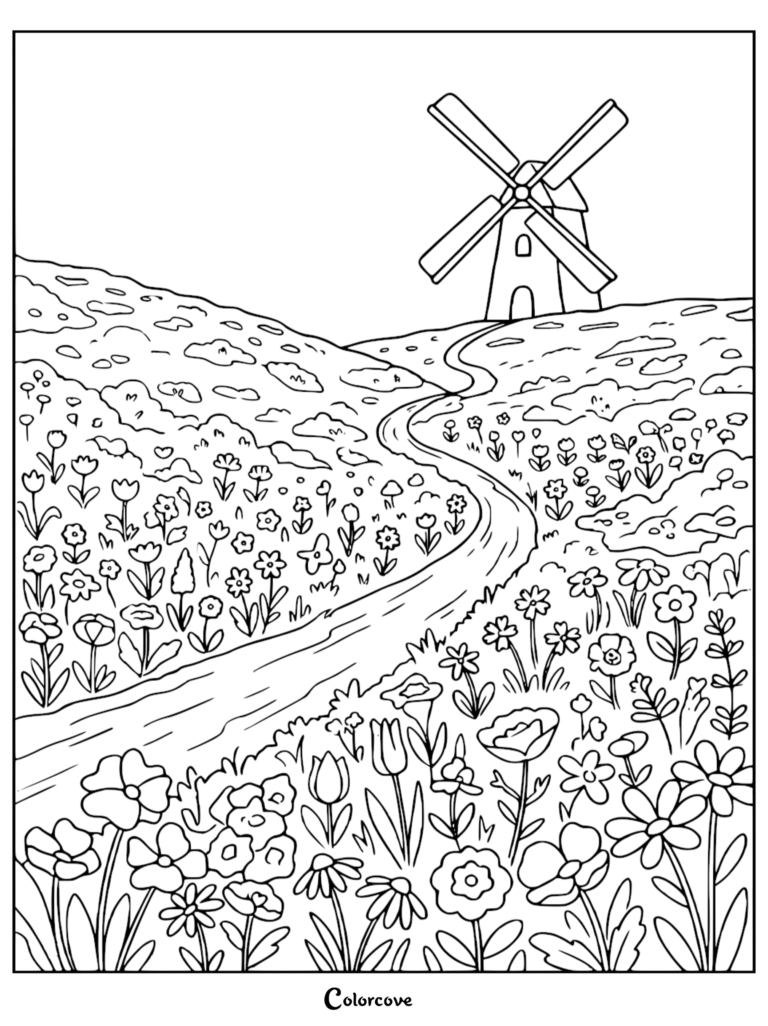 A scenic hillside coloring page featuring a winding path through a field of flowers leading to a windmill.