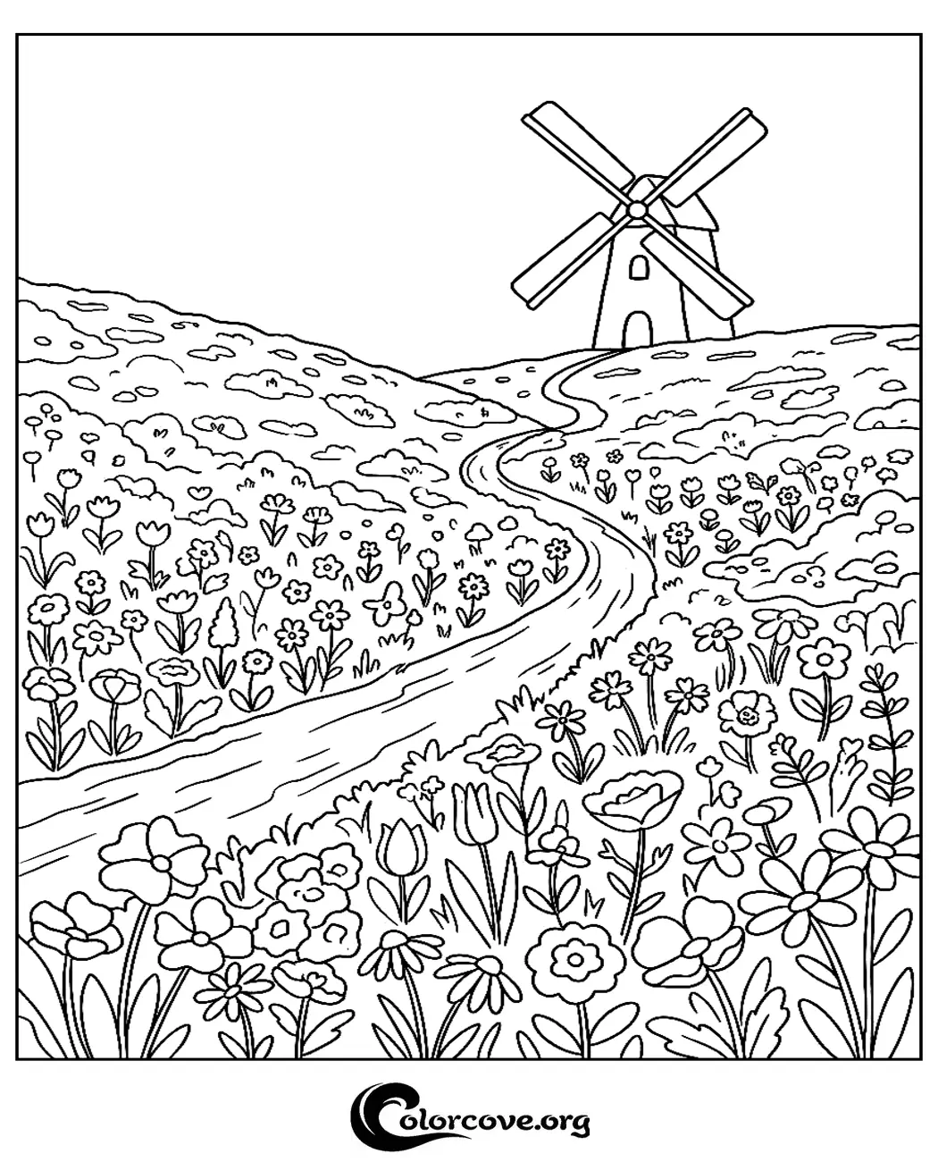 Bring this charming country landscape to life with your favorite colors. This printable windmill and flower field coloring page is perfect for kids and adults who love nature-themed art.