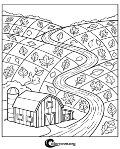 A printable coloring page featuring a rustic barn surrounded by rolling hills covered in falling autumn leaves.