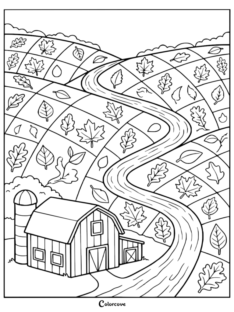 A printable coloring page featuring a scenic hillside with a winding path, a rustic barn with a silo, and various fallen autumn leaves scattered across the landscape.