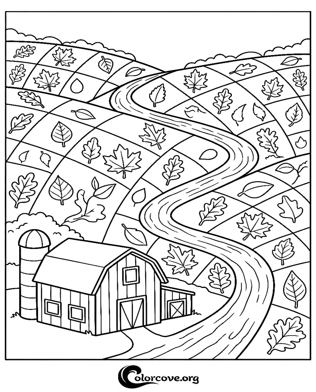 Celebrate the beauty of the harvest season with this charming farm and autumn leaves coloring page. It is perfect for kids and adults to print and color in just seconds.