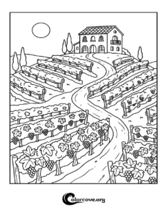 A beautiful vineyard scene with grapevines and a house on a hill, perfect for a relaxing nature-themed coloring page.