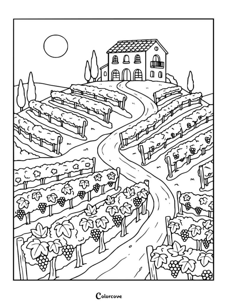 A scenic hillside vineyard coloring page featuring rows of grapevines leading up to a villa under the sun.