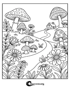 A whimsical coloring page featuring a magical mushroom forest, woodland flowers, and a cozy cottage, perfect for kids and adults to print and color.