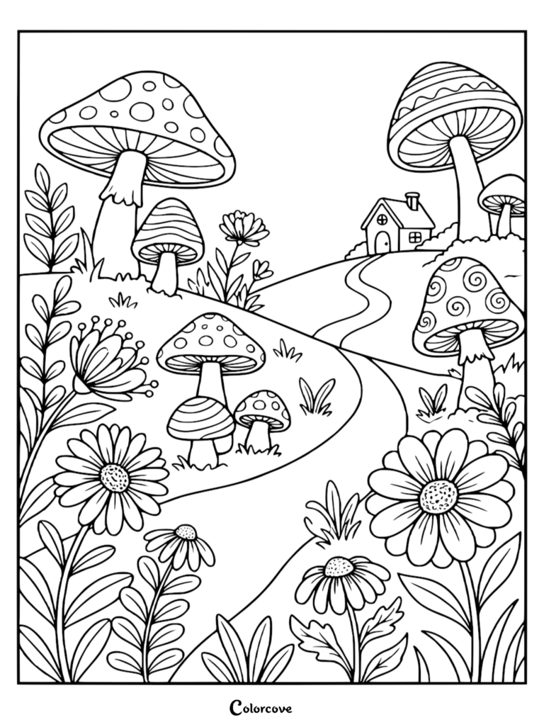 A scenic hillside coloring page featuring a winding path leading to a small cottage surrounded by giant mushrooms and blooming flowers.
