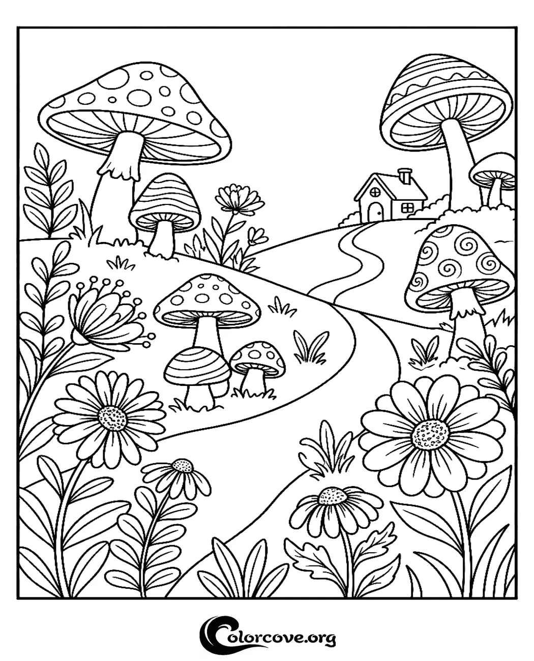 Escape into an enchanted garden with this detailed mushroom forest coloring page. Download and print this whimsical nature scene in seconds for a relaxing creative activity.