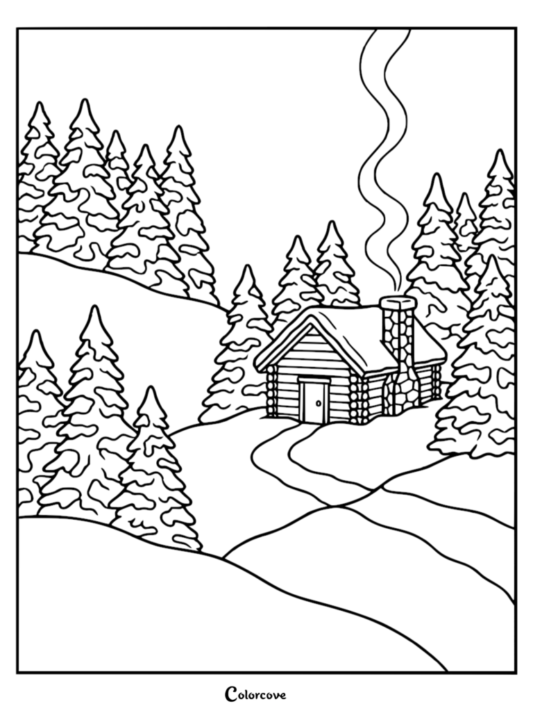 A cozy log cabin on a snowy hillside with pine trees and smoke rising from the chimney in this printable coloring page.
