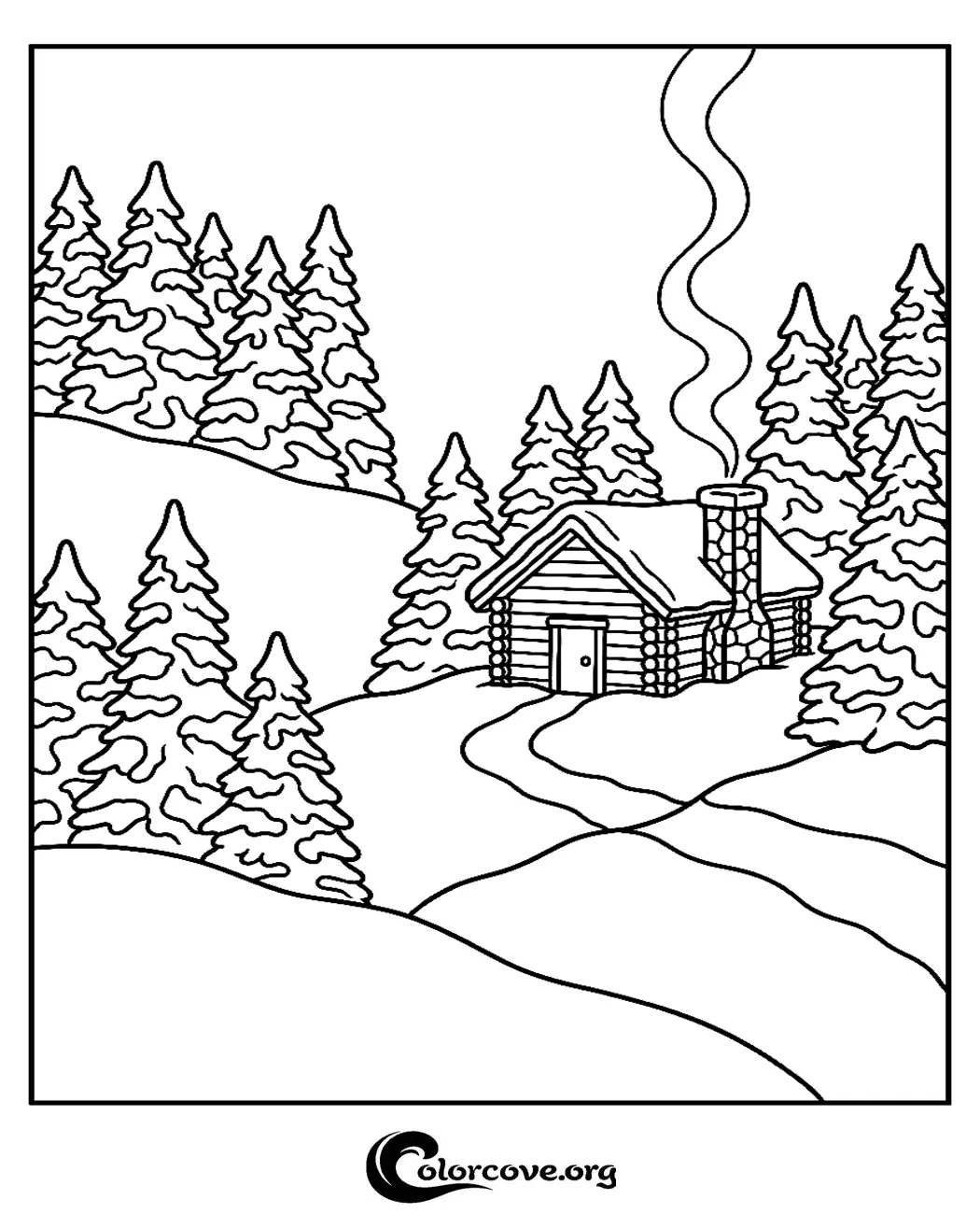 Bring this serene winter landscape to life with your favorite colors. This printable cabin in the woods coloring page is perfect for a relaxing creative activity at home.