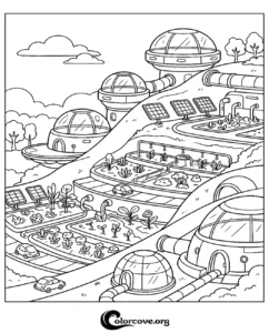A complex, detailed coloring page featuring a futuristic eco-city with glass domes, solar panels, vertical farming, and flying-style cars for kids and adults.