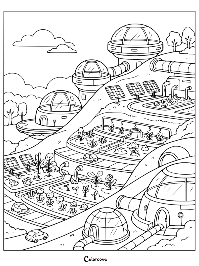 A futuristic hillside coloring page featuring terraced gardens, solar panels, and glass dome structures with small cars on winding roads.