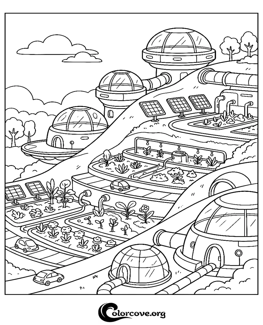 Explore the future with this intricate coloring page featuring a sustainable eco-city complete with advanced garden domes and solar technology. Download and print this creative science fiction scene for hours of artistic fun.