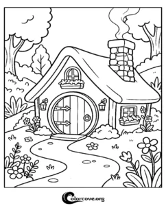 A printable coloring page featuring a whimsical cottage or hobbit house with a round door, a stone chimney, and a flower-filled garden path.