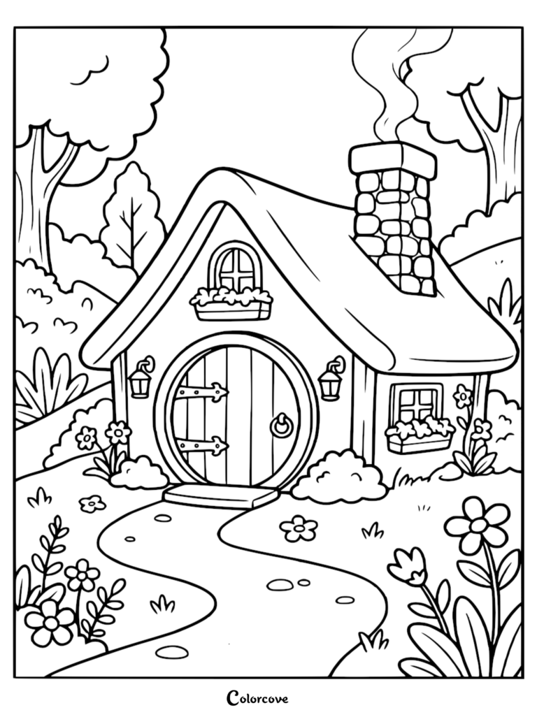 A scenic hillside coloring page featuring a cozy cottage with a round door, stone chimney, and flower-lined garden path.