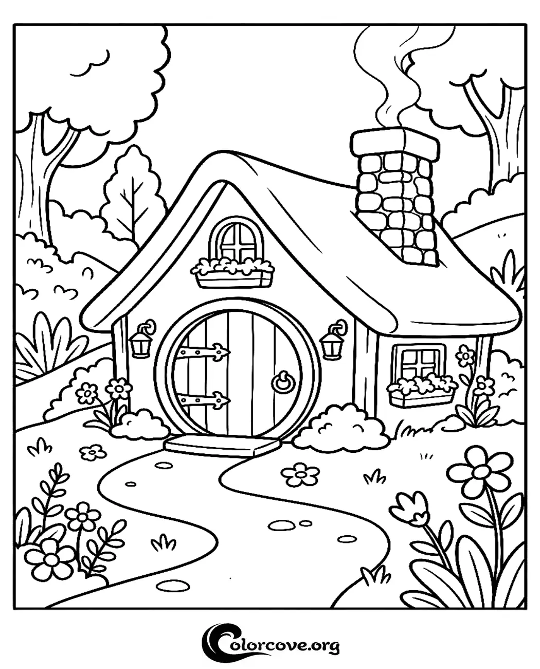 Bring this magical fantasy cottage to life with your favorite colors. This charming printable coloring page is perfect for children and adults who love whimsical nature and fairy tale scenes.