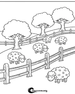 A printable coloring page featuring fluffy sheep grazing in a grassy meadow with trees and wooden farm fences.