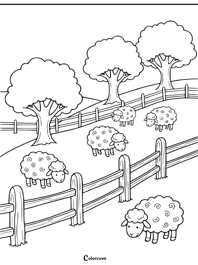 A scenic hillside coloring page featuring five fluffy sheep grazing in a fenced pasture with large trees.