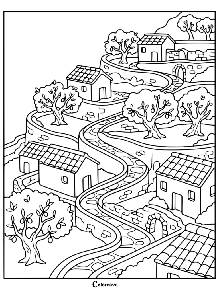 A printable coloring page featuring a scenic hillside with winding stone paths, terraced houses, and olive trees.