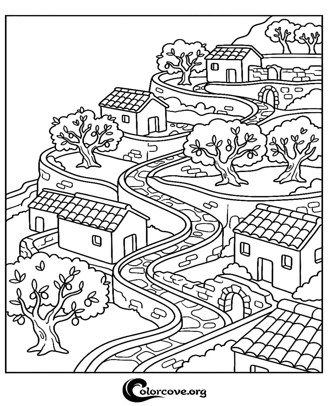 Escape to a charming Mediterranean hillside with this printable village coloring page. Perfect for those who love landscape art and relaxing, intricate scenery designs.