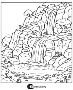 A detailed waterfall landscape coloring page featuring rocky cliffs, flowing water, trees, and wildflowers for kids and nature lovers to color.