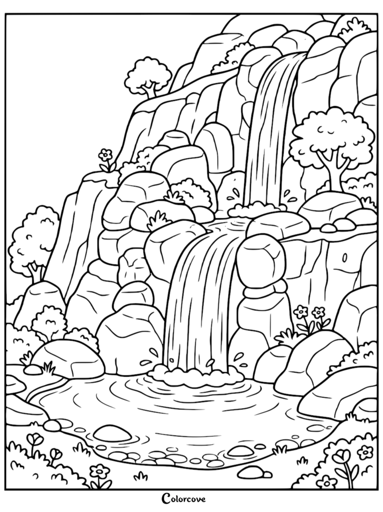 A scenic hillside waterfall coloring page featuring tiered rocky cliffs, lush trees, and a peaceful pond at the base.