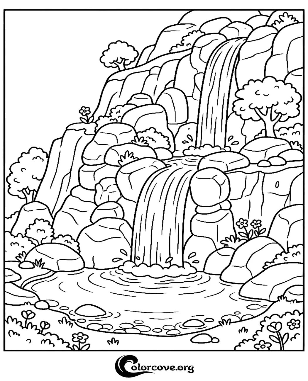 Escape into nature with this beautiful waterfall landscape coloring page. Perfect for a relaxing afternoon, this printable scene features cascading water, lush trees, and charming flowers.