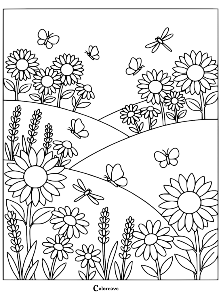A scenic hillside coloring page featuring sunflowers, daisies, lavender, butterflies, and dragonflies in a meadow.
