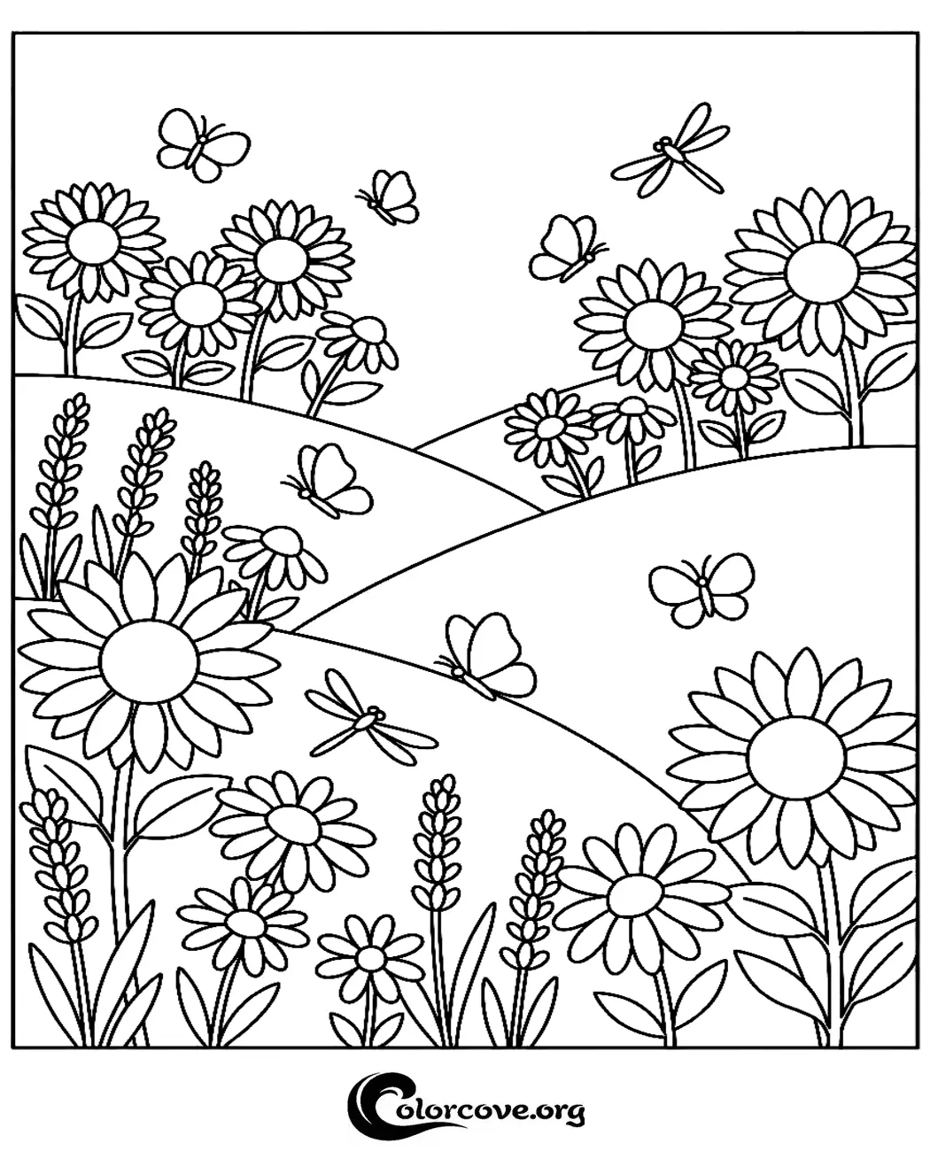 Bring this serene garden scene to life with our free printable sunflower meadow coloring page. Perfect for kids and nature lovers, this detailed illustration features vibrant flowers, flying butterflies, and friendly dragonflies.