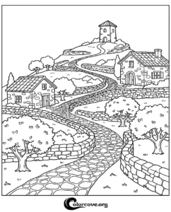 A beautiful countryside landscape coloring page featuring stone cottages, winding cobblestone paths, and trees on a hill for kids and adults.