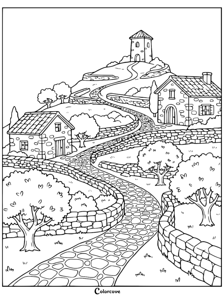 A scenic hillside coloring page featuring stone cottages, winding cobblestone paths, and a hilltop tower.