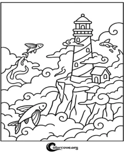 A whimsical coloring page featuring a striped lighthouse on a rocky cliff with flying fish swimming through magical clouds.