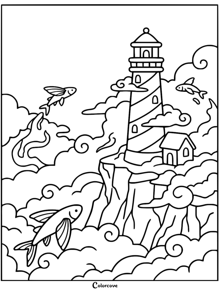 A scenic hillside coloring page featuring a lighthouse on a cliff with flying fish soaring through clouds.