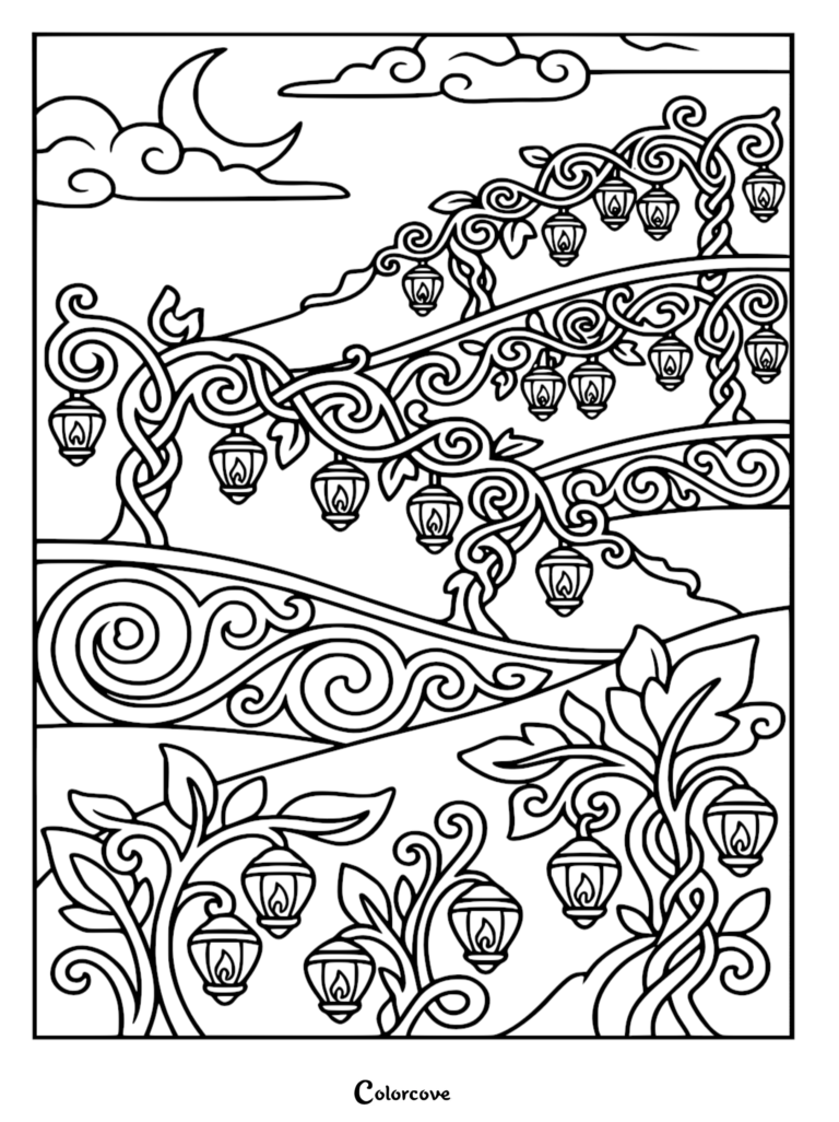 A scenic hillside coloring page featuring swirling vines and glowing lanterns under a crescent moon.