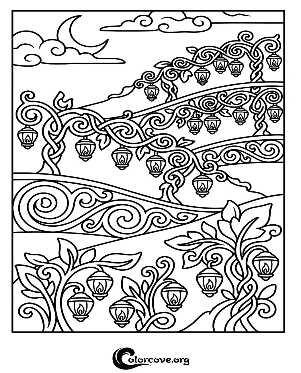 Escape into a whimsical world with this beautiful enchanted forest coloring page, featuring intricate vines and hanging lanterns. Print this relaxing nature-inspired scene for free in seconds.