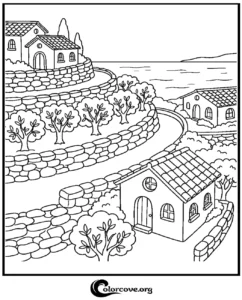 A printable Mediterranean village landscape coloring page featuring stone cottages, winding garden paths, and coastal scenery for adults and kids.