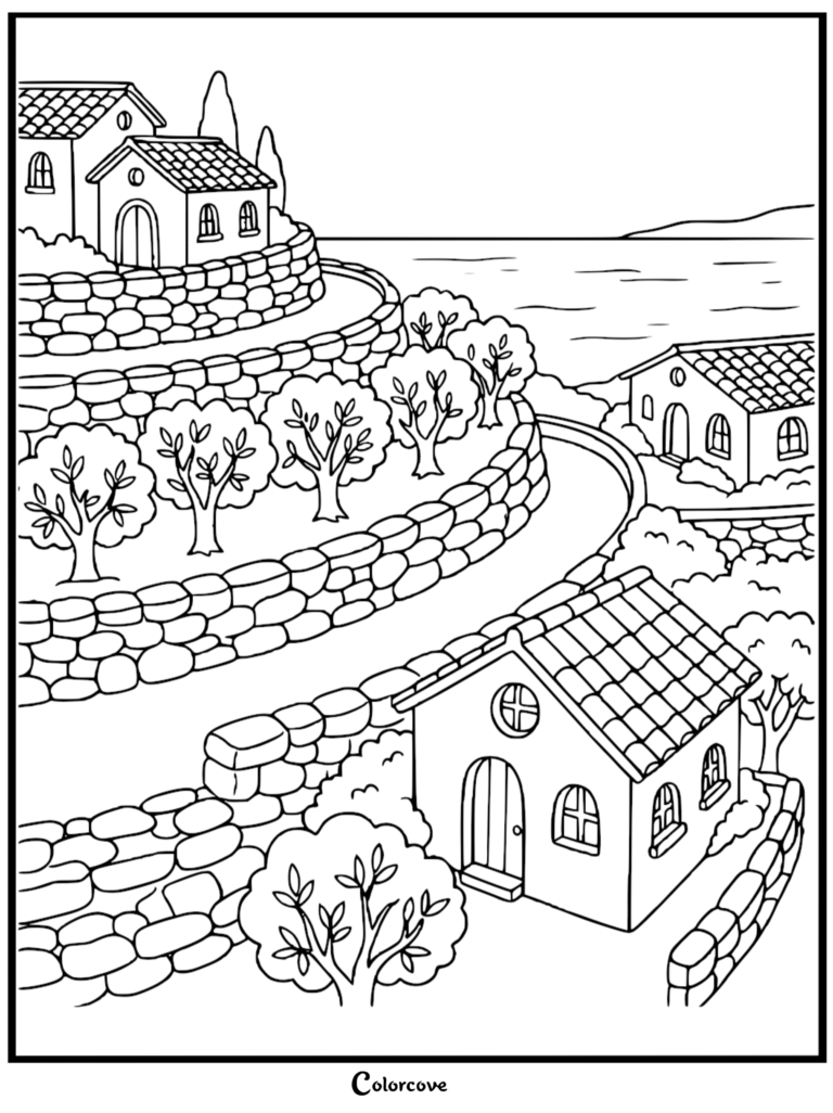 A scenic hillside coloring page featuring Mediterranean-style stone houses, terraced gardens, and winding paths overlooking the sea.