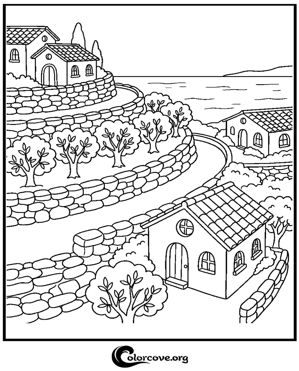 Escape to the coast with this relaxing Mediterranean village coloring page. Download and print this beautiful coastal scene in seconds for a fun and creative art activity.