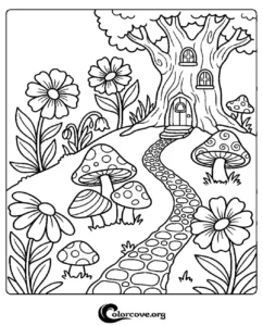 A whimsical fairy tale coloring page featuring a magical tree house, stone pathway, cute mushrooms, and flowers in a garden for kids to print and color.