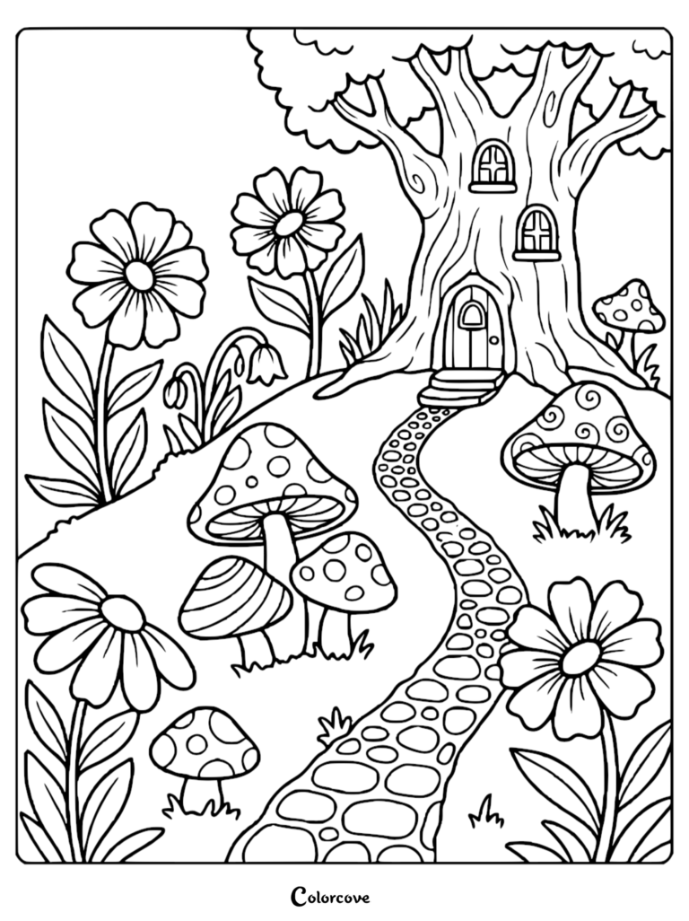 A scenic hillside coloring page featuring a whimsical tree house, a stone path, and various mushrooms and flowers.