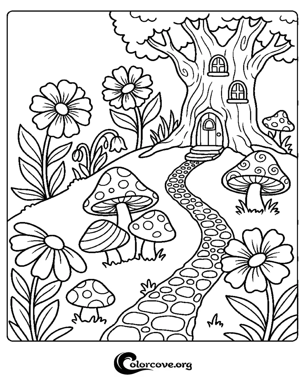 Step into an enchanted world with this charming fairy tree house coloring page. Perfect for kids, this printable garden scene includes whimsical mushrooms, blooming flowers, and a stone path ready to be brought to life with color.
