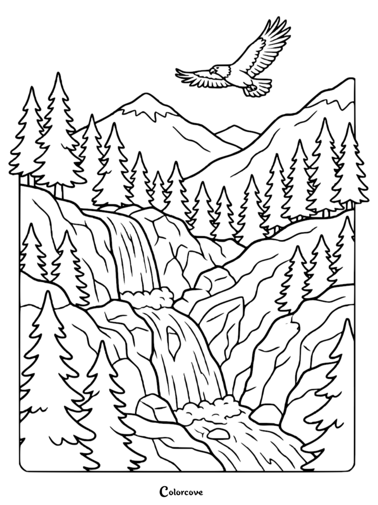 A scenic hillside coloring page featuring a majestic eagle soaring over a cascading waterfall, pine trees, and distant mountain peaks.