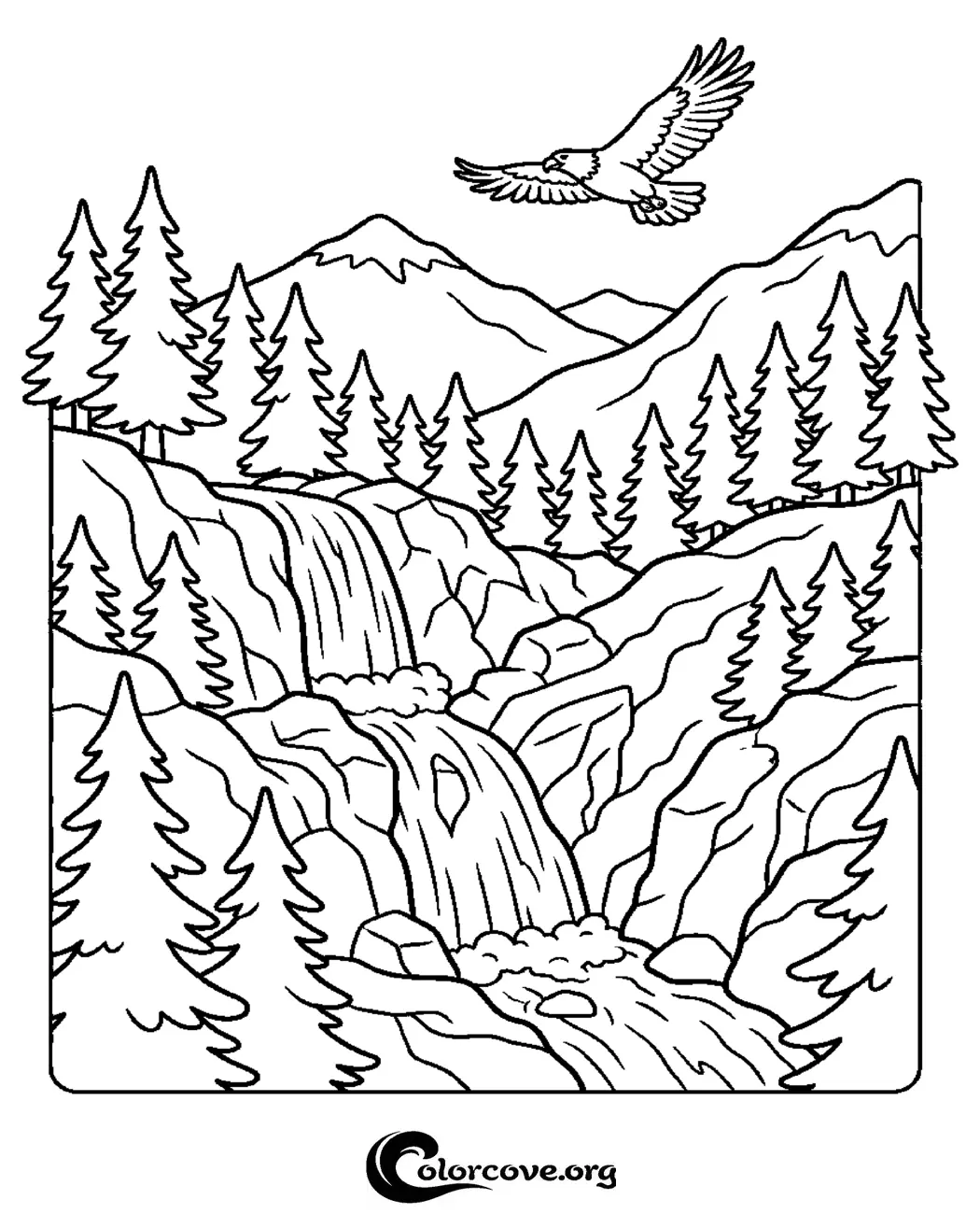 Bring this serene nature scene to life with our free printable eagle and waterfall coloring page. Perfect for nature lovers and artists of all ages looking for a relaxing and detailed outdoor-themed coloring activity.