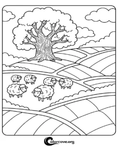 A printable coloring page featuring a herd of cute fluffy sheep grazing in a grassy field with a large oak tree and rolling hills in the background.