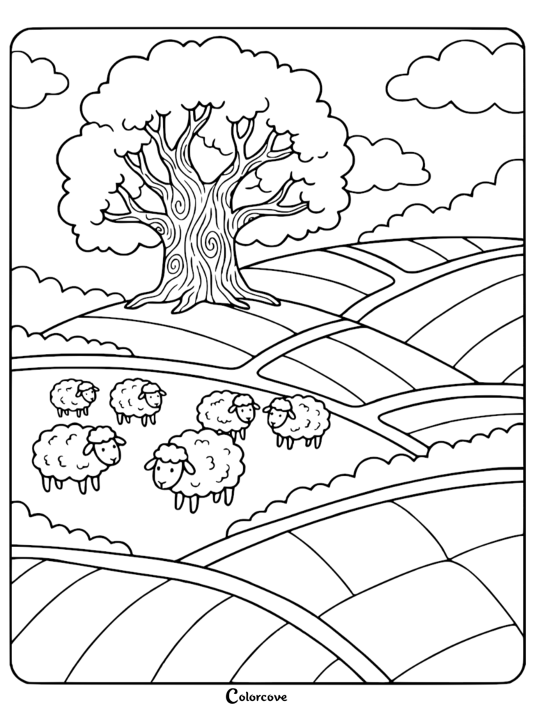 A group of sheep grazing on a scenic hillside with a large tree, featured in a printable coloring page.