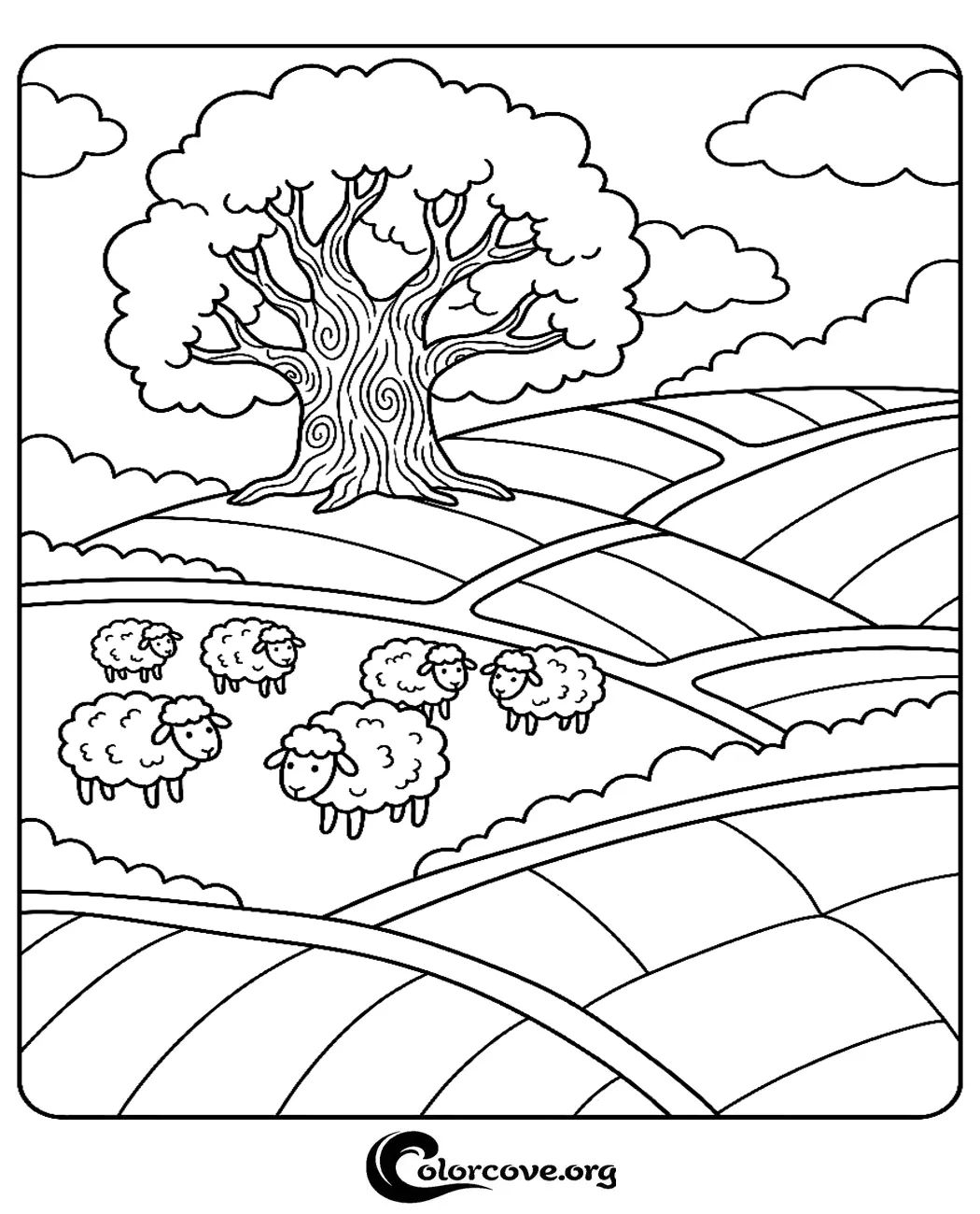 Bring this peaceful farm scene to life with our free printable sheep coloring page. Perfect for kids and nature lovers, this easy-to-print sheet features an adorable flock of sheep in a beautiful countryside landscape.