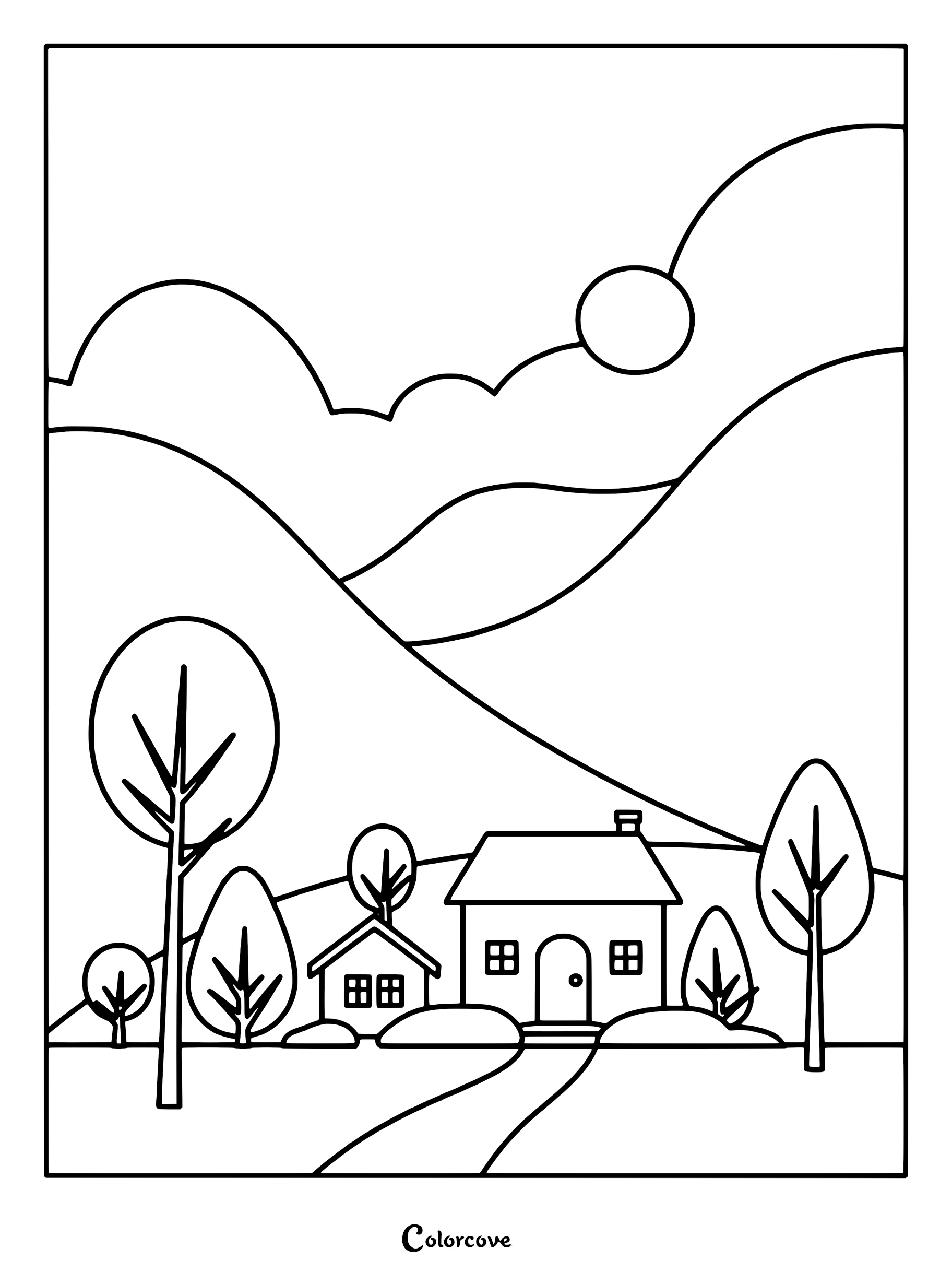 Una sencilla página para colorear con un paisaje de ladera, una pequeña cabaña, árboles y un sol en el cielo.