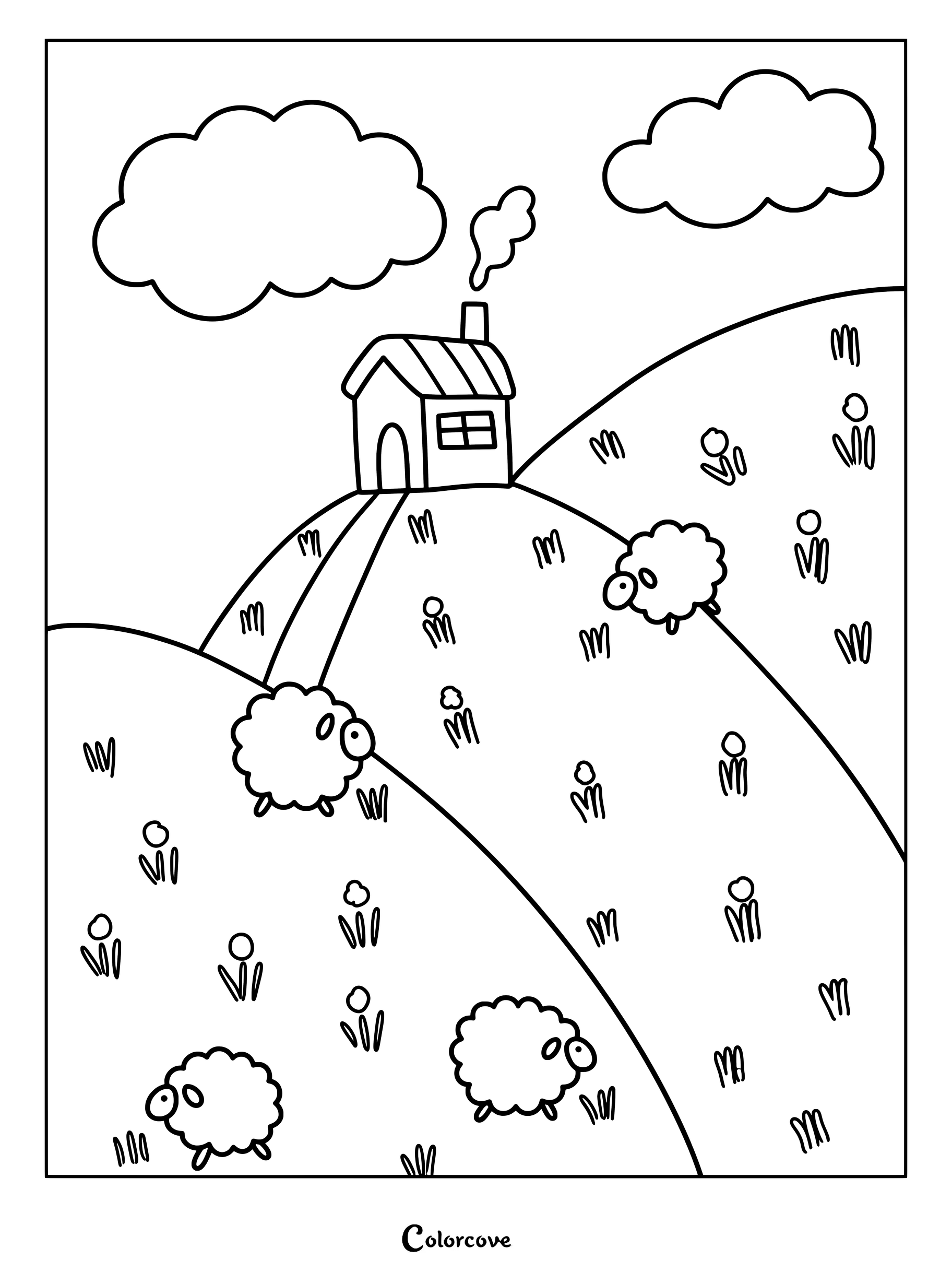 Un sencillo dibujo para colorear con tres ovejas esponjosas pastando en una ladera cubierta de hierba, con una pequeña cabaña en la cima bajo dos nubes.